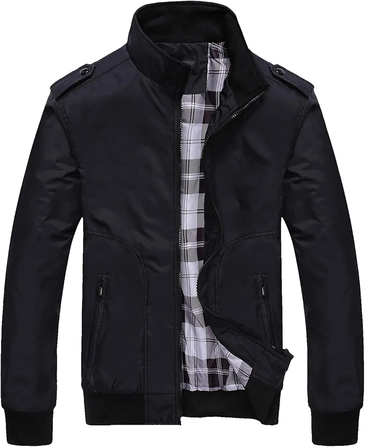JEsilunmaMY Men's Stand Collar Flannel Bomber Jacket Full Zip Lightweight Baseball Jacket Windproof Sportwear Windbreaker
