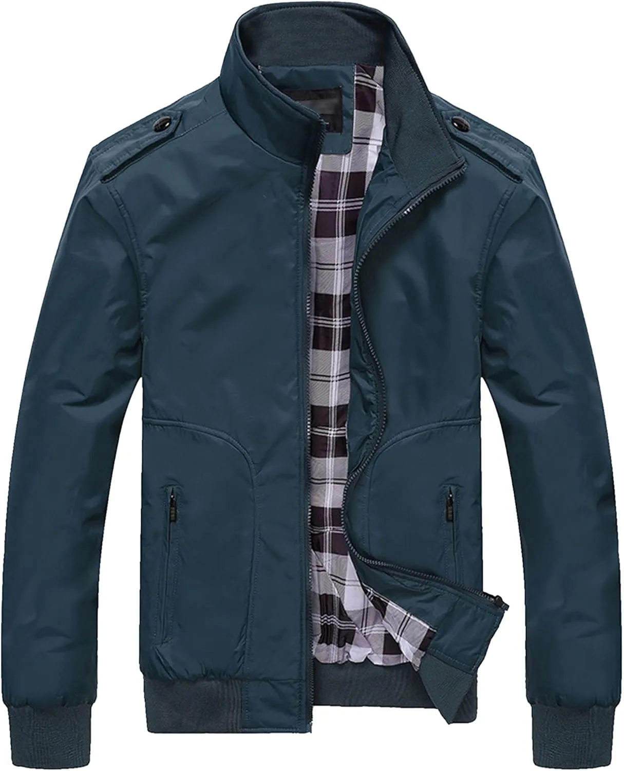 JEsilunmaMY Men's Stand Collar Flannel Bomber Jacket Full Zip Lightweight Baseball Jacket Windproof Sportwear Windbreaker