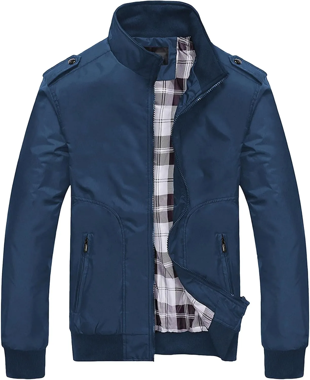 JEsilunmaMY Men's Stand Collar Flannel Bomber Jacket Full Zip Lightweight Baseball Jacket Windproof Sportwear Windbreaker