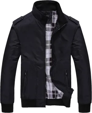 JEsilunmaMY Men's Stand Collar Flannel Bomber Jacket Full Zip Lightweight Baseball Jacket Windproof Sportwear Windbreaker