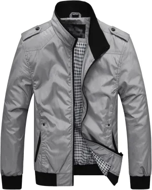 JEsilunmaMY Men's Stand Collar Flannel Bomber Jacket Full Zip Lightweight Baseball Jacket Windproof Sportwear Windbreaker