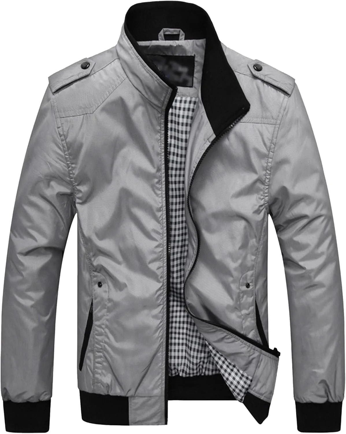 JEsilunmaMY Men's Stand Collar Flannel Bomber Jacket Full Zip Lightweight Baseball Jacket Windproof Sportwear Windbreaker