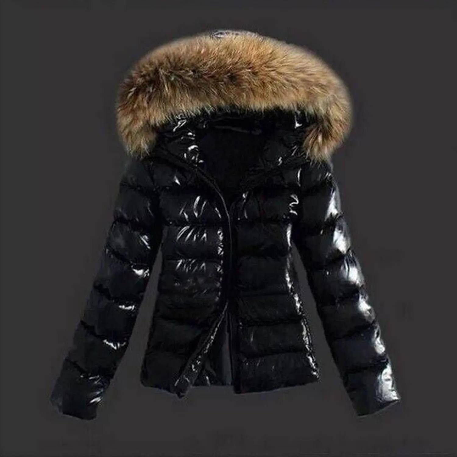 JEsilunmaMY Slim Leather Puffer Jacket for Women Fur Hooded Cropped Down Winter Coat Insulated Thicken Quilted Snow Jacket