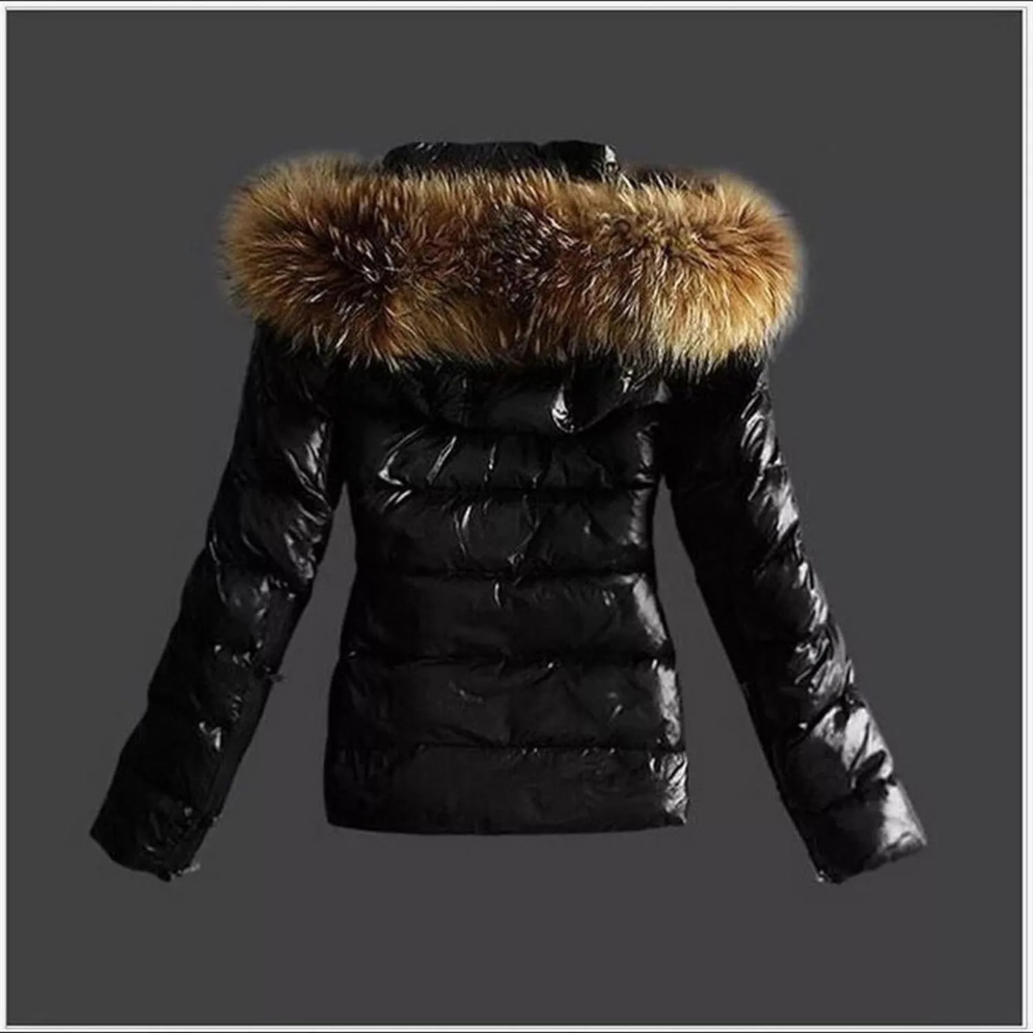 JEsilunmaMY Slim Leather Puffer Jacket for Women Fur Hooded Cropped Down Winter Coat Insulated Thicken Quilted Snow Jacket