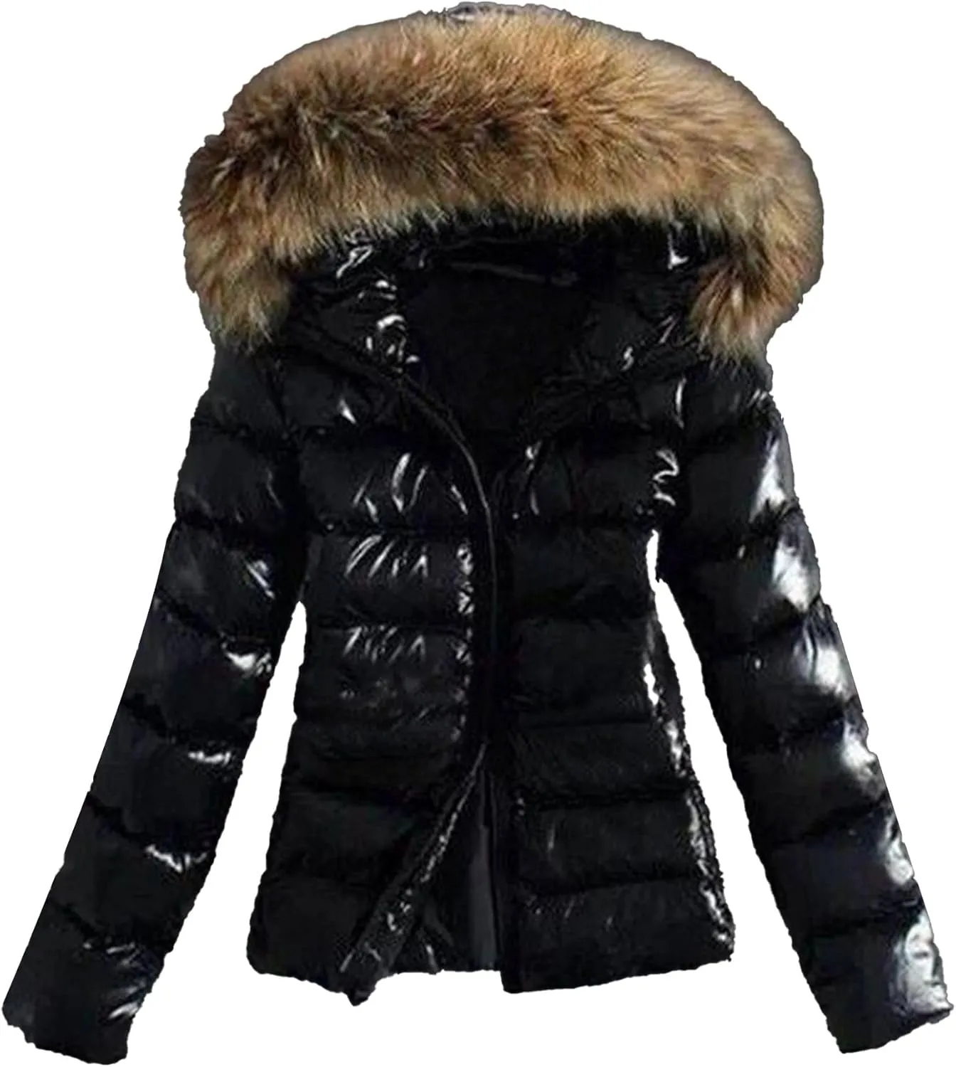 JEsilunmaMY Slim Leather Puffer Jacket for Women Fur Hooded Cropped Down Winter Coat Insulated Thicken Quilted Snow Jacket