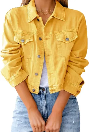 JEsilunmaMY Women's Slimming Jean Jacket Casual Long Sleeve Button Down Short Denim Jacket Solid Color Cropped Trucker Jacket
