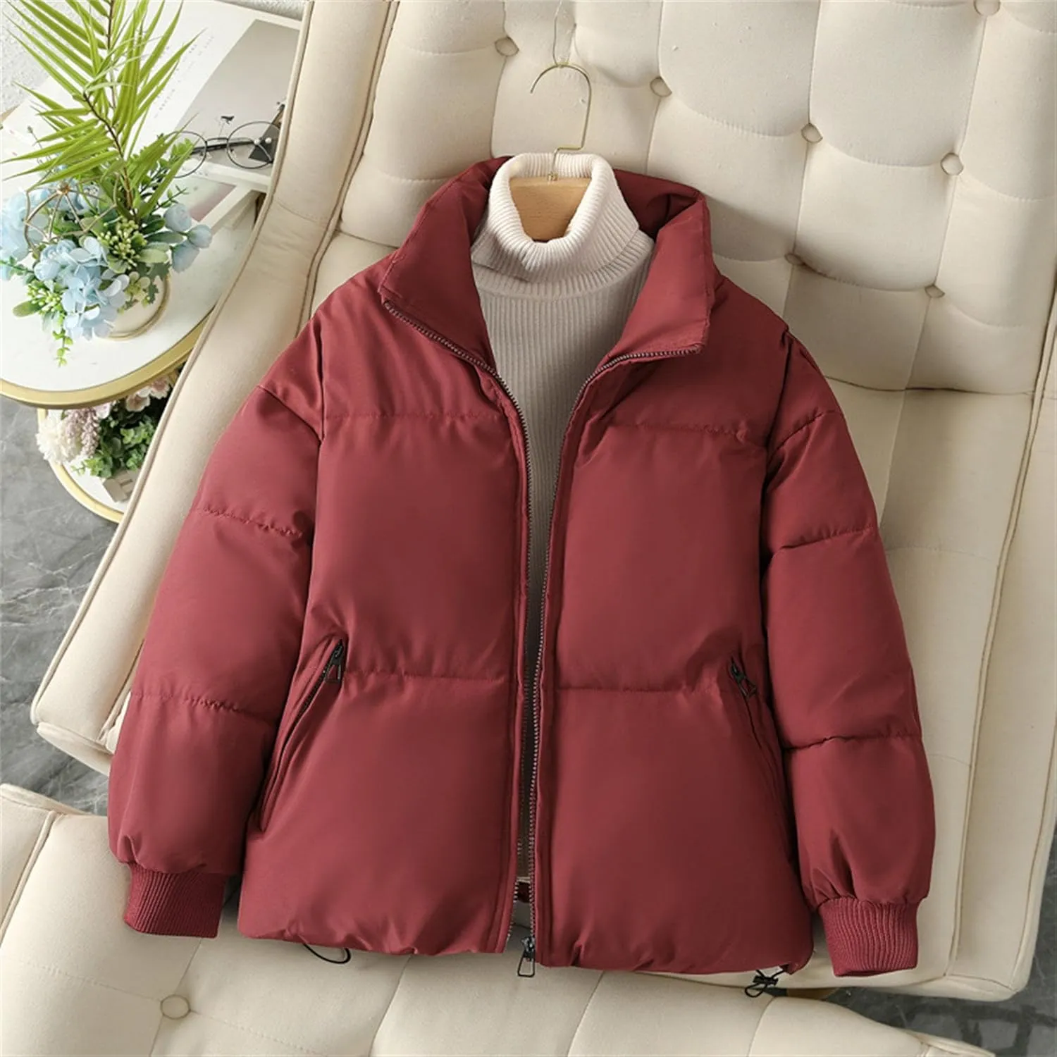 JEsilunmaMY Women's Thicken Short Puffer Jacket Stand Collar Casual Loose Down Coats Warm Winter Insulated Padded Coat