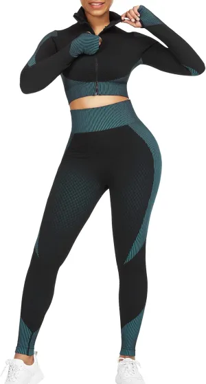 JOYMODE Women's Workout Sets 2 Piece long sleeve High Waist Legging set Crop Top Gym