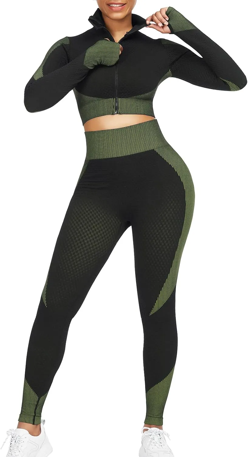 JOYMODE Women's Workout Sets 2 Piece long sleeve High Waist Legging set Crop Top Gym
