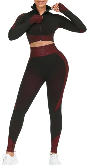 JOYMODE Women's Workout Sets 2 Piece long sleeve High Waist Legging set Crop Top Gym