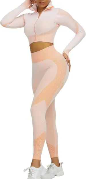 JOYMODE Women's Workout Sets 2 Piece long sleeve High Waist Legging set Crop Top Gym