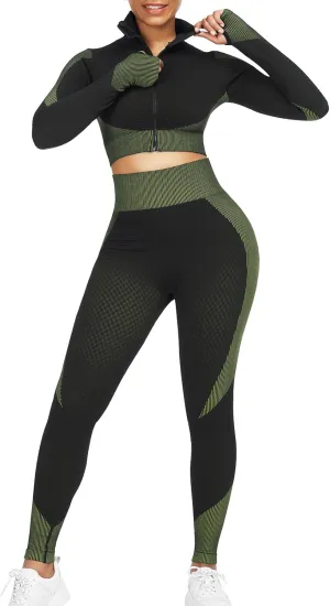 JOYMODE Women's Workout Sets 2 Piece long sleeve High Waist Legging set Crop Top Gym