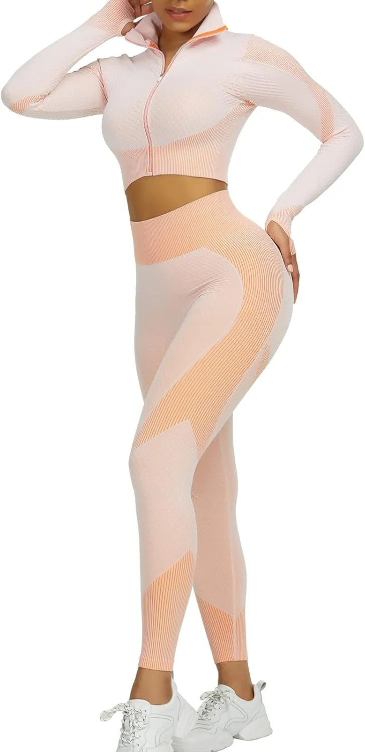 JOYMODE Women's Workout Sets 2 Piece long sleeve High Waist Legging set Crop Top Gym