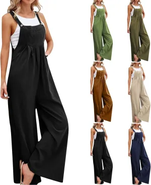 Jumpsuits for Women Sleeveless Adjustable Linen Overall Jumpsuit Square Neck Summer Romper with Pockets Wide Leg Jumpsuits Baggy Cotton Rompers One Piece Outfits Fashion Clothes 2025