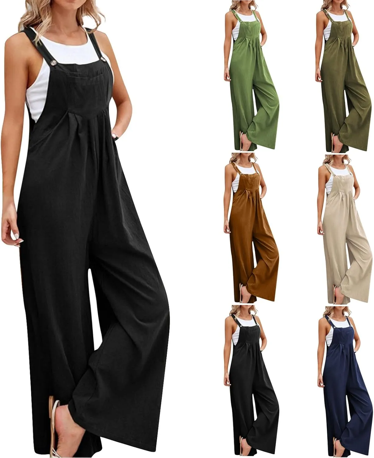 Jumpsuits for Women Sleeveless Adjustable Linen Overall Jumpsuit Square Neck Summer Romper with Pockets Wide Leg Jumpsuits Baggy Cotton Rompers One Piece Outfits Fashion Clothes 2025