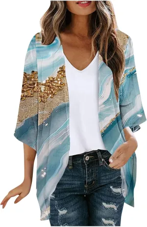Kimonos for Women Dressy Casual Cardigans Chiffon Lightweight Cute Boho Floral Print Kimonos Beach Cover Ups Tops