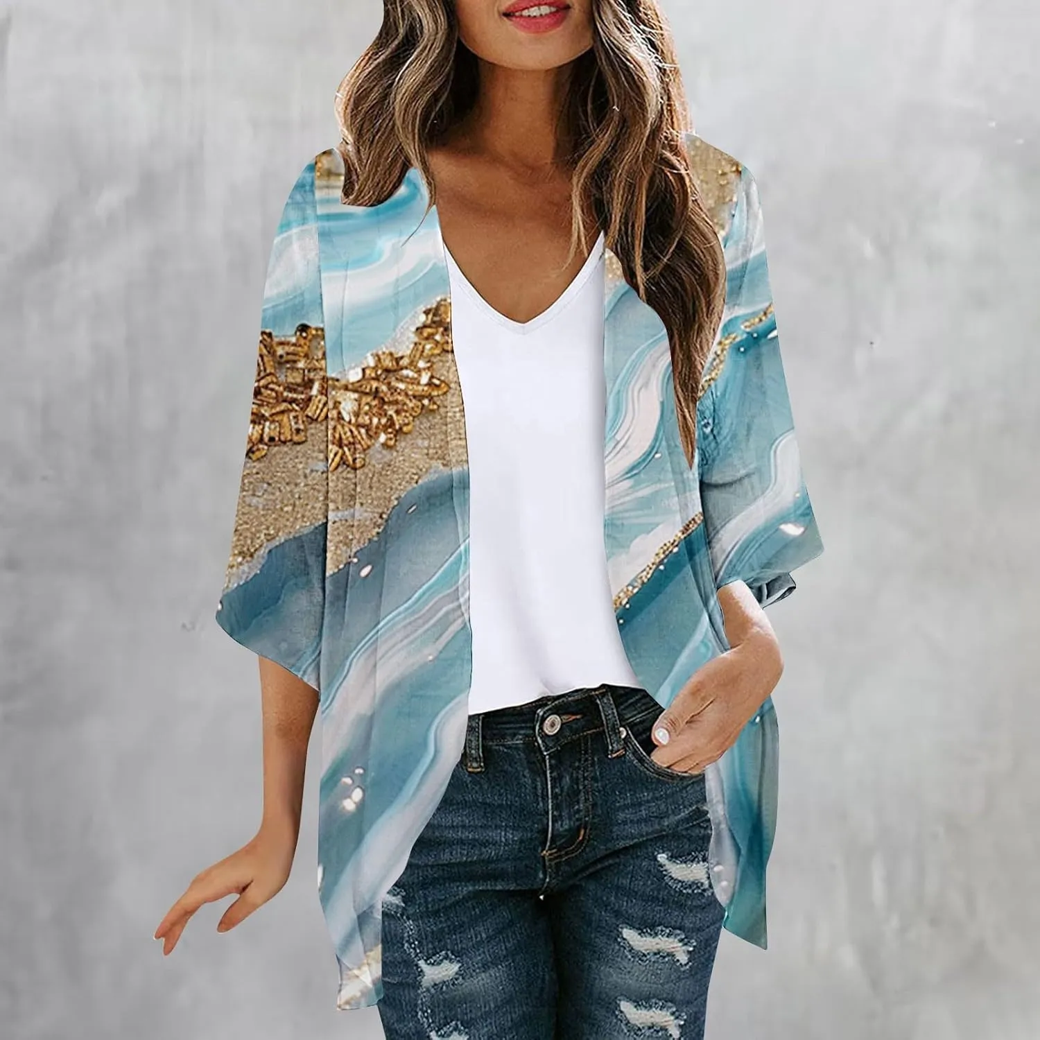 Kimonos for Women Dressy Casual Cardigans Chiffon Lightweight Cute Boho Floral Print Kimonos Beach Cover Ups Tops