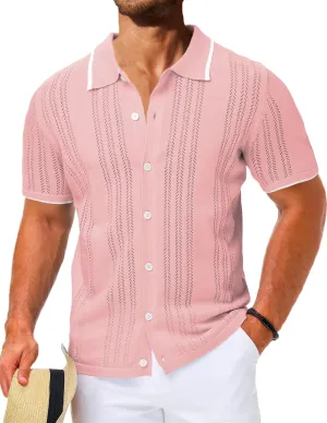 LETSEE Mens Short Sleeve Button Down Shirts Knit Polo Shirt Summer Beach Tops Resort Wear 2025