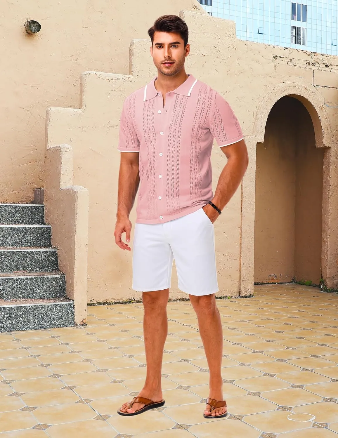 LETSEE Mens Short Sleeve Button Down Shirts Knit Polo Shirt Summer Beach Tops Resort Wear 2025