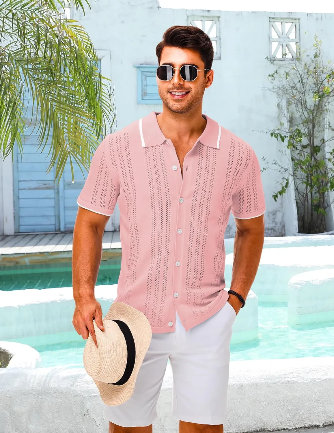 LETSEE Mens Short Sleeve Button Down Shirts Knit Polo Shirt Summer Beach Tops Resort Wear 2025