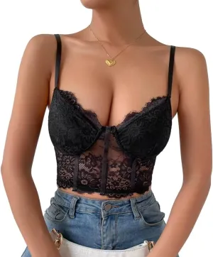 Lilosy Sexy Floral Lace Sheer Longline Crop Cami Top