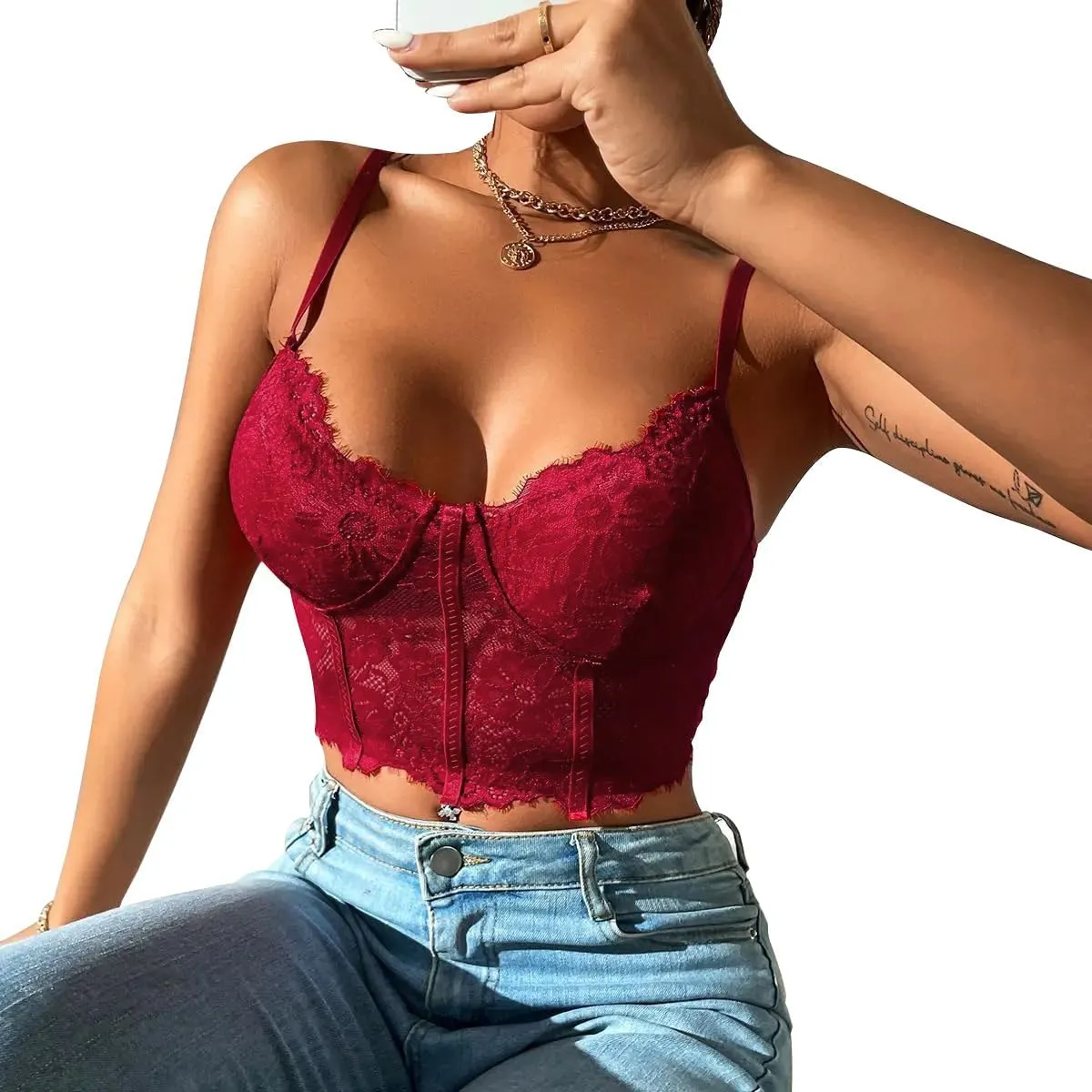 Lilosy Sexy Floral Lace Sheer Longline Crop Cami Top
