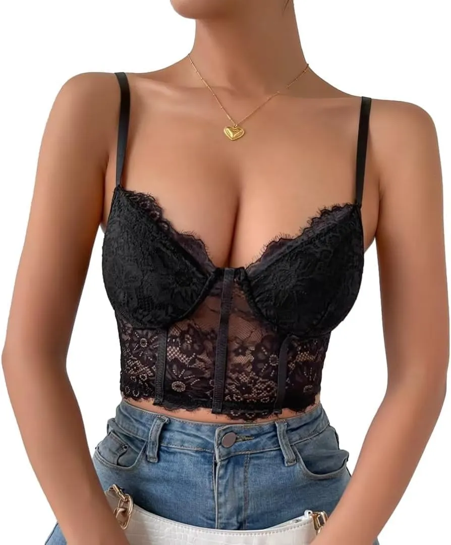 Lilosy Sexy Floral Lace Sheer Longline Crop Cami Top