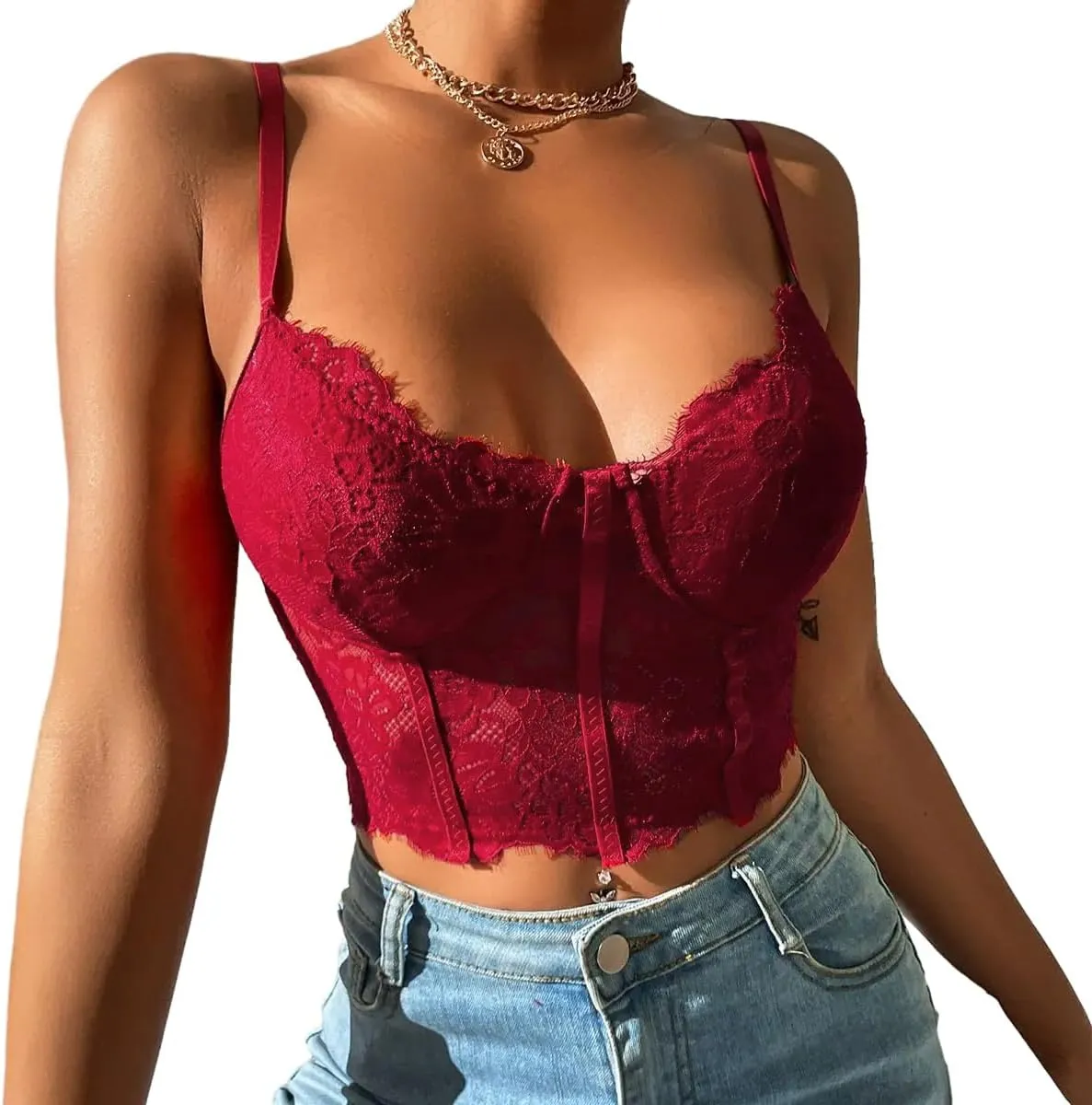 Lilosy Sexy Floral Lace Sheer Longline Crop Cami Top