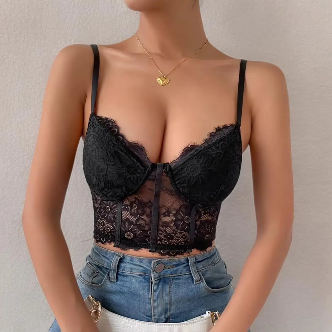Lilosy Sexy Floral Lace Sheer Longline Crop Cami Top