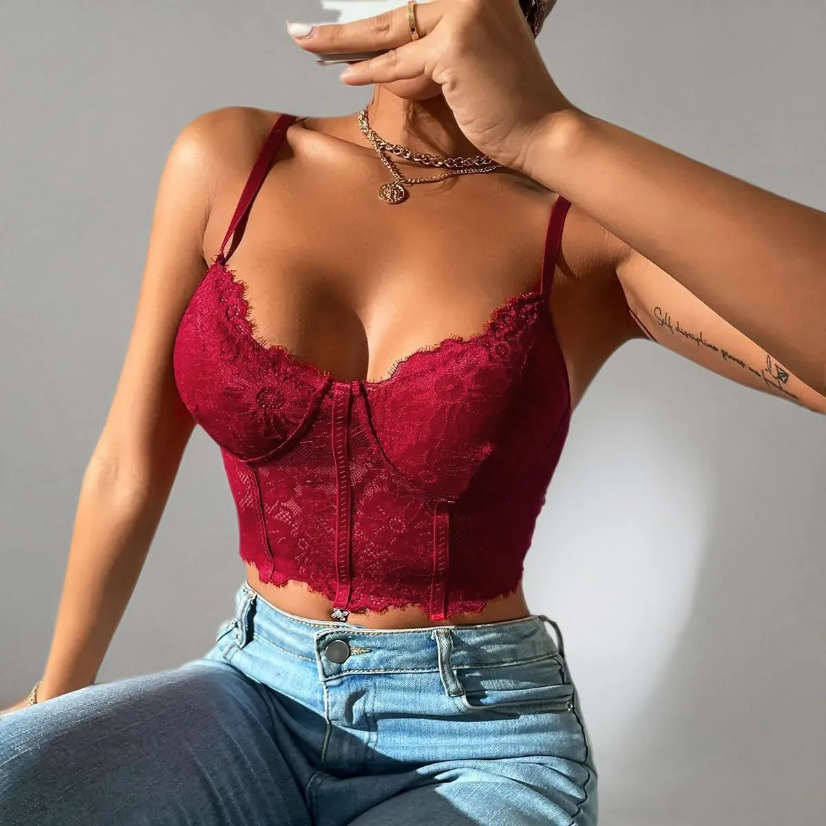 Lilosy Sexy Floral Lace Sheer Longline Crop Cami Top