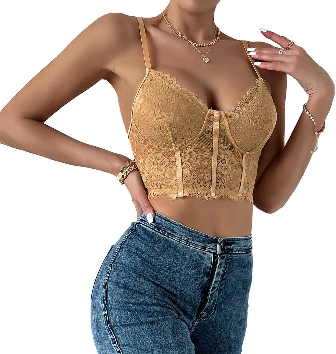 Lilosy Sexy Floral Lace Sheer Longline Crop Cami Top