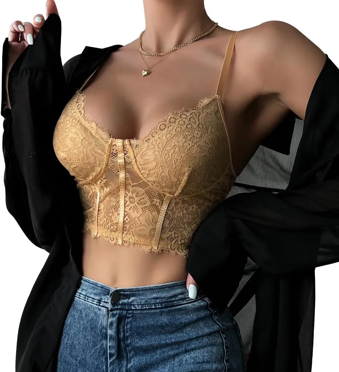 Lilosy Sexy Floral Lace Sheer Longline Crop Cami Top