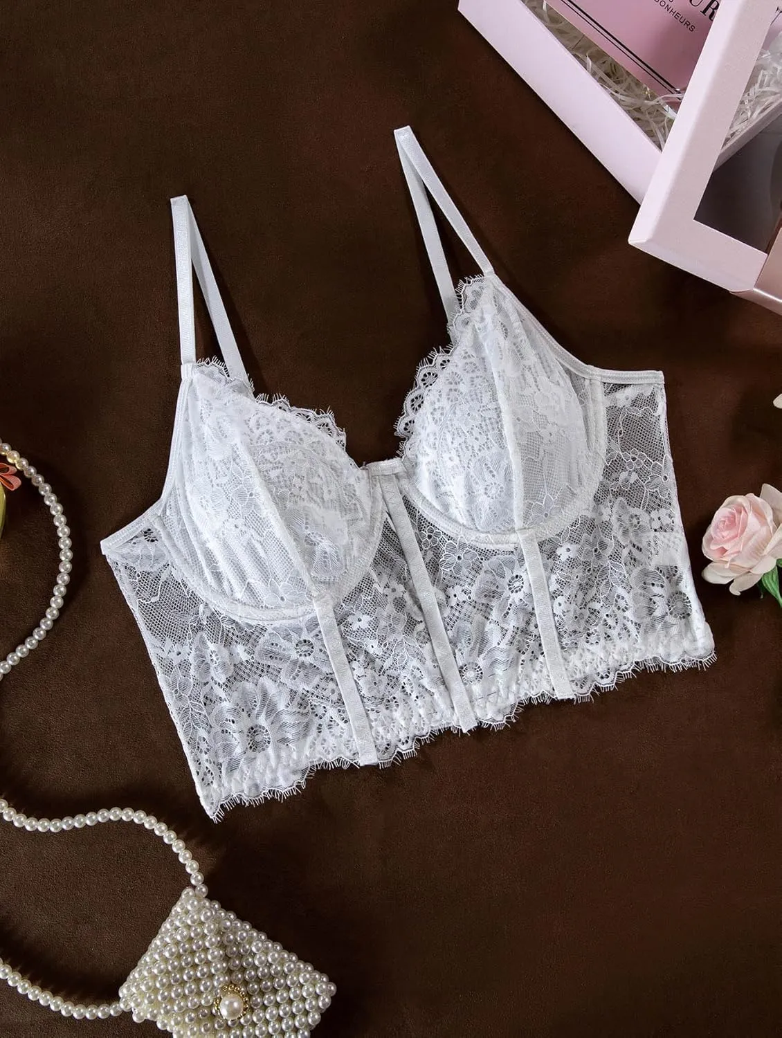 Lilosy Sexy Floral Lace Sheer Longline Crop Cami Top