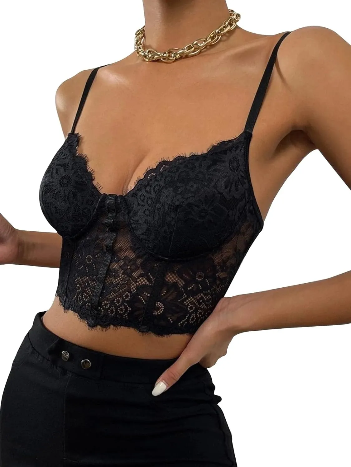 Lilosy Sexy Floral Lace Sheer Longline Crop Cami Top