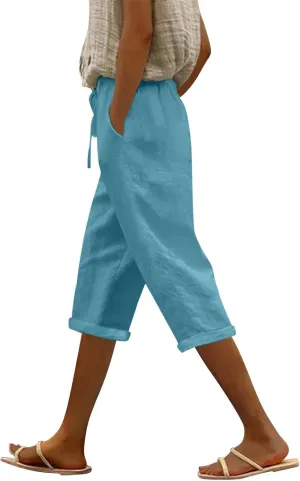 Linen Capri Pants for Women High Waisted Drawstring Pant Comfy Soft Trousers Casual Resort Wear Beach Clothes