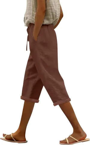 Linen Capri Pants for Women High Waisted Drawstring Pant Comfy Soft Trousers Casual Resort Wear Beach Clothes