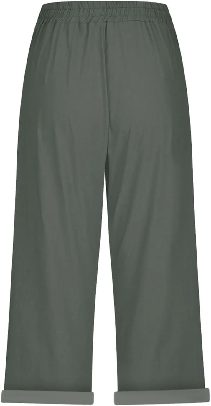 Linen Capri Pants for Women High Waisted Drawstring Pant Comfy Soft Trousers Casual Resort Wear Beach Clothes