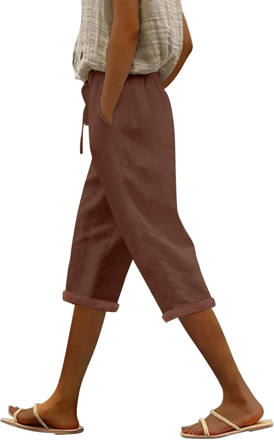 Linen Capri Pants for Women High Waisted Drawstring Pant Comfy Soft Trousers Casual Resort Wear Beach Clothes