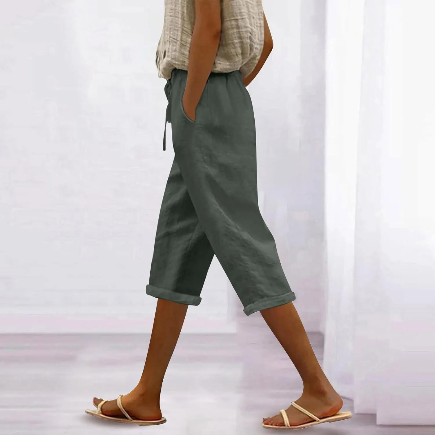 Linen Capri Pants for Women High Waisted Drawstring Pant Comfy Soft Trousers Casual Resort Wear Beach Clothes