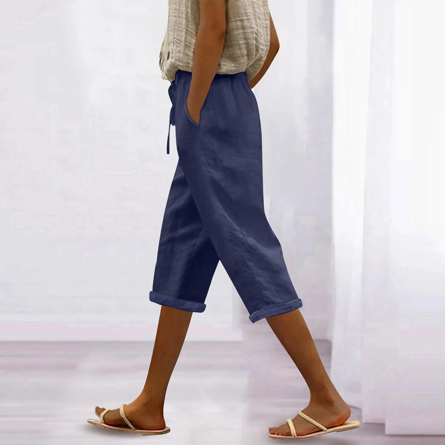 Linen Capri Pants for Women High Waisted Drawstring Pant Comfy Soft Trousers Casual Resort Wear Beach Clothes