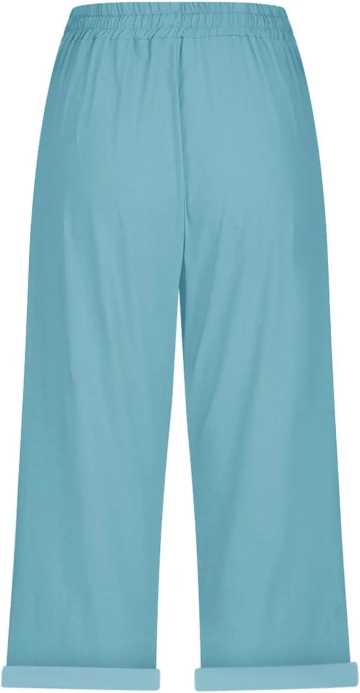 Linen Capri Pants for Women High Waisted Drawstring Pant Comfy Soft Trousers Casual Resort Wear Beach Clothes