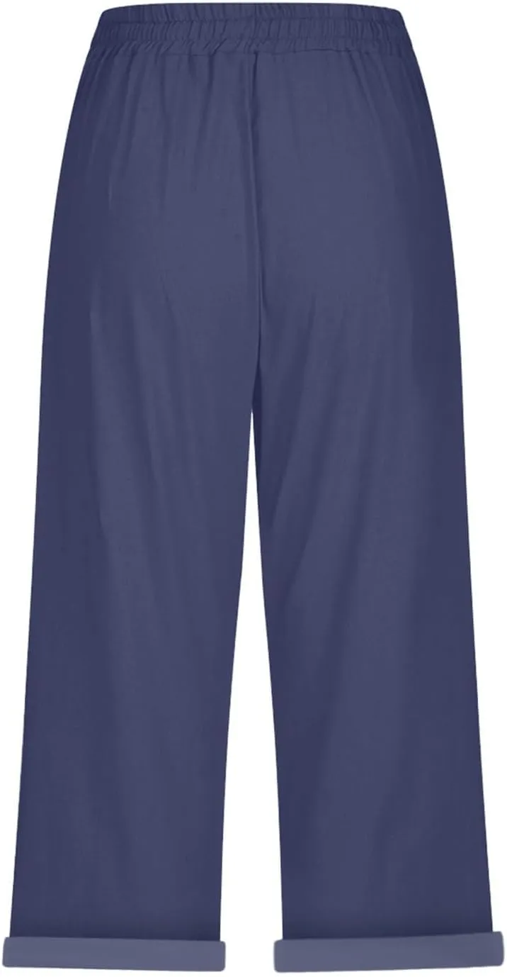 Linen Capri Pants for Women High Waisted Drawstring Pant Comfy Soft Trousers Casual Resort Wear Beach Clothes