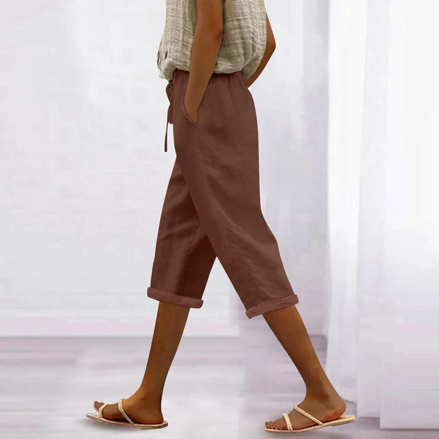 Linen Capri Pants for Women High Waisted Drawstring Pant Comfy Soft Trousers Casual Resort Wear Beach Clothes
