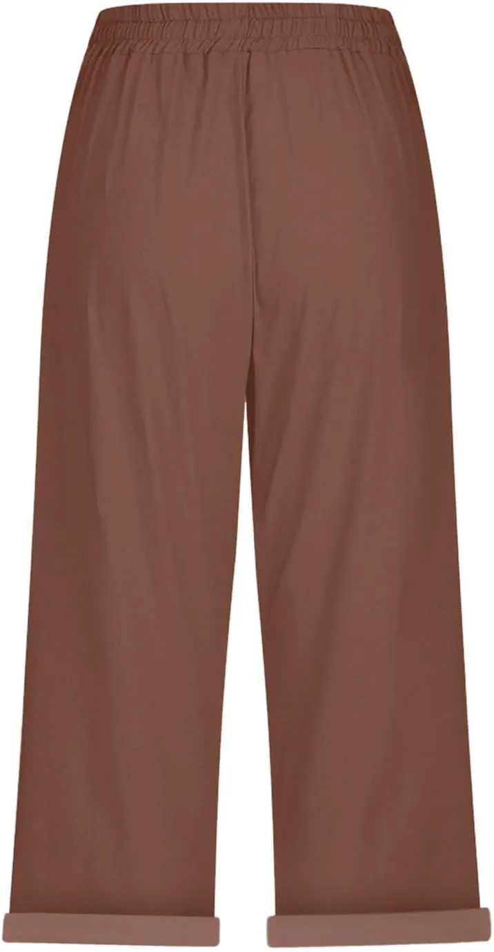 Linen Capri Pants for Women High Waisted Drawstring Pant Comfy Soft Trousers Casual Resort Wear Beach Clothes