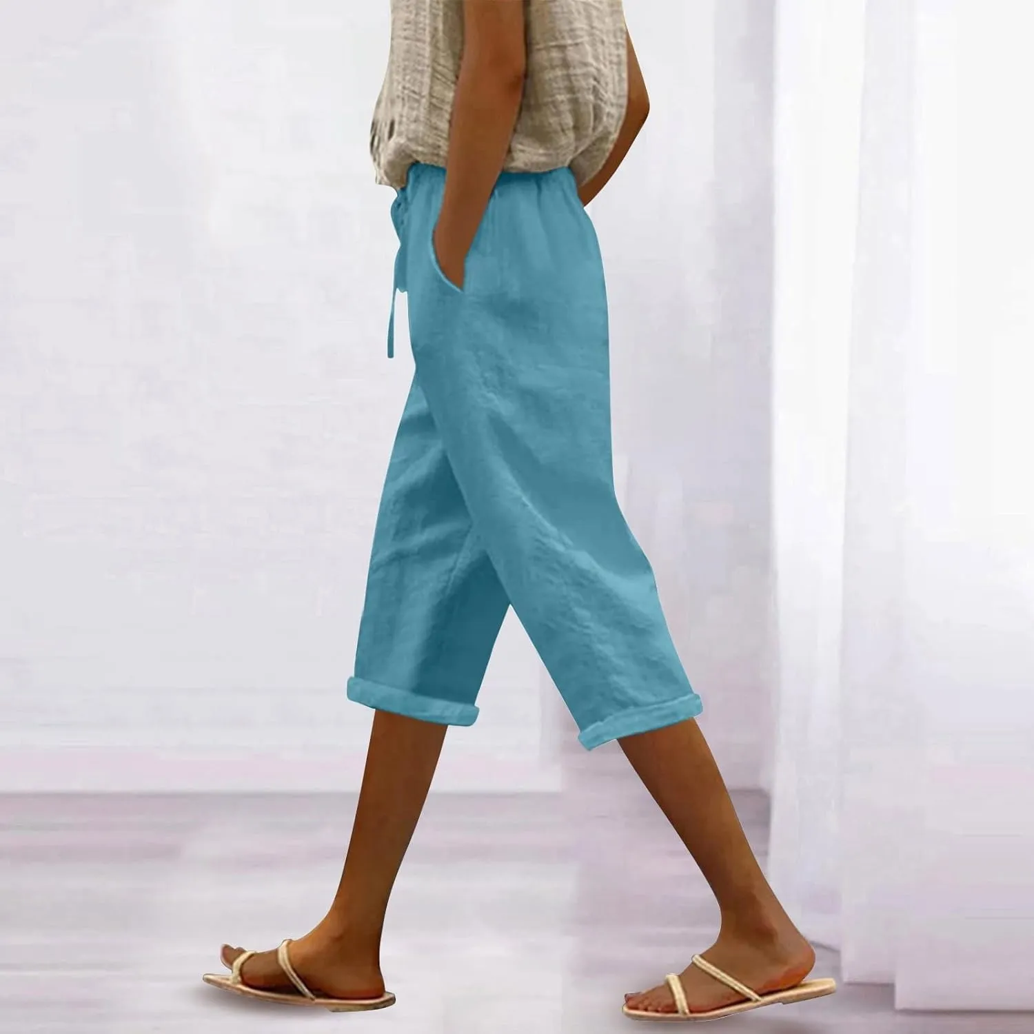 Linen Capri Pants for Women High Waisted Drawstring Pant Comfy Soft Trousers Casual Resort Wear Beach Clothes