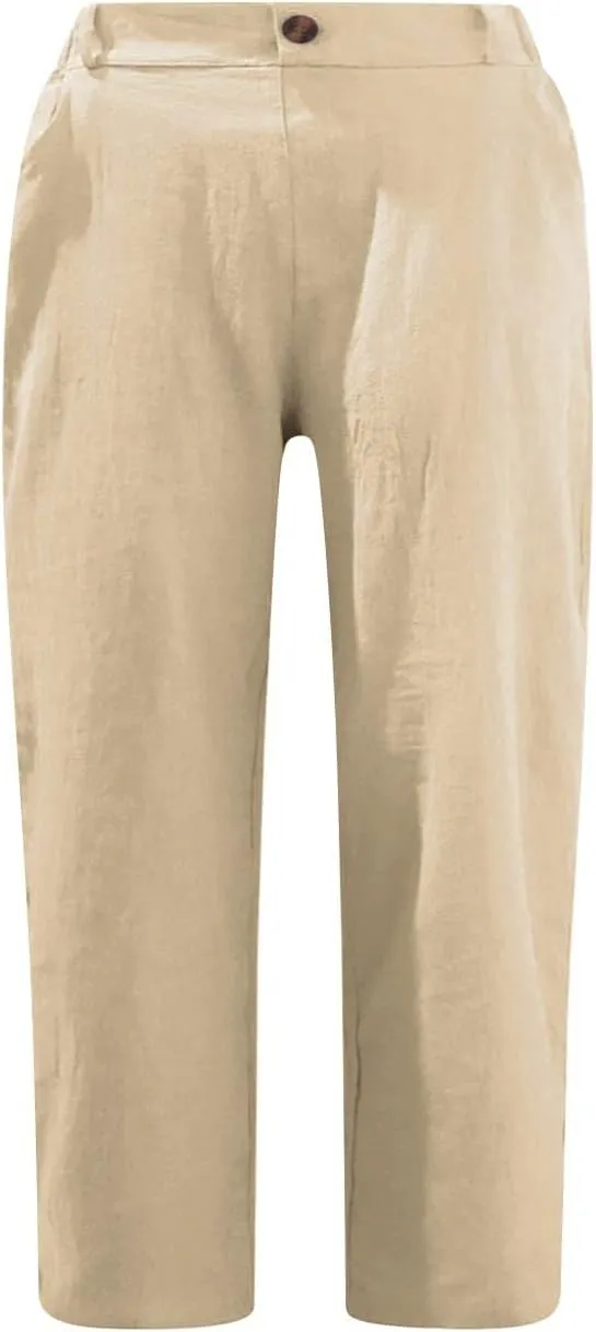 Linen Pants for Women 2025 Casual Elastic Waist Cropped Trouser Fashion Resort Wear Beach Vacation Capris Clothes