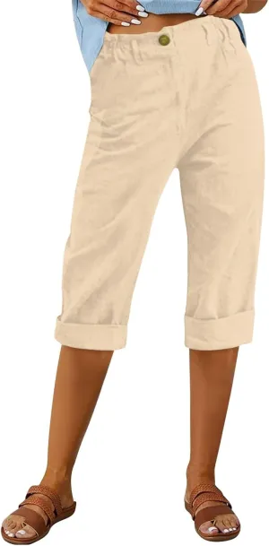 Linen Pants for Women 2025 Casual Elastic Waist Cropped Trouser Fashion Resort Wear Beach Vacation Capris Clothes
