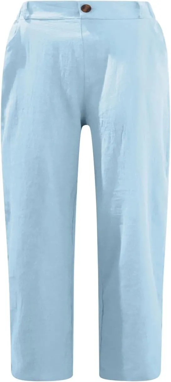 Linen Pants for Women 2025 Casual Elastic Waist Cropped Trouser Fashion Resort Wear Beach Vacation Capris Clothes