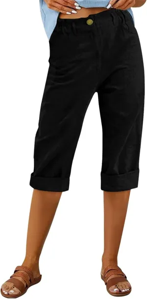 Linen Pants for Women 2025 Casual Elastic Waist Cropped Trouser Fashion Resort Wear Beach Vacation Capris Clothes