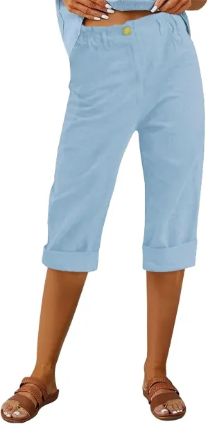 Linen Pants for Women 2025 Casual Elastic Waist Cropped Trouser Fashion Resort Wear Beach Vacation Capris Clothes